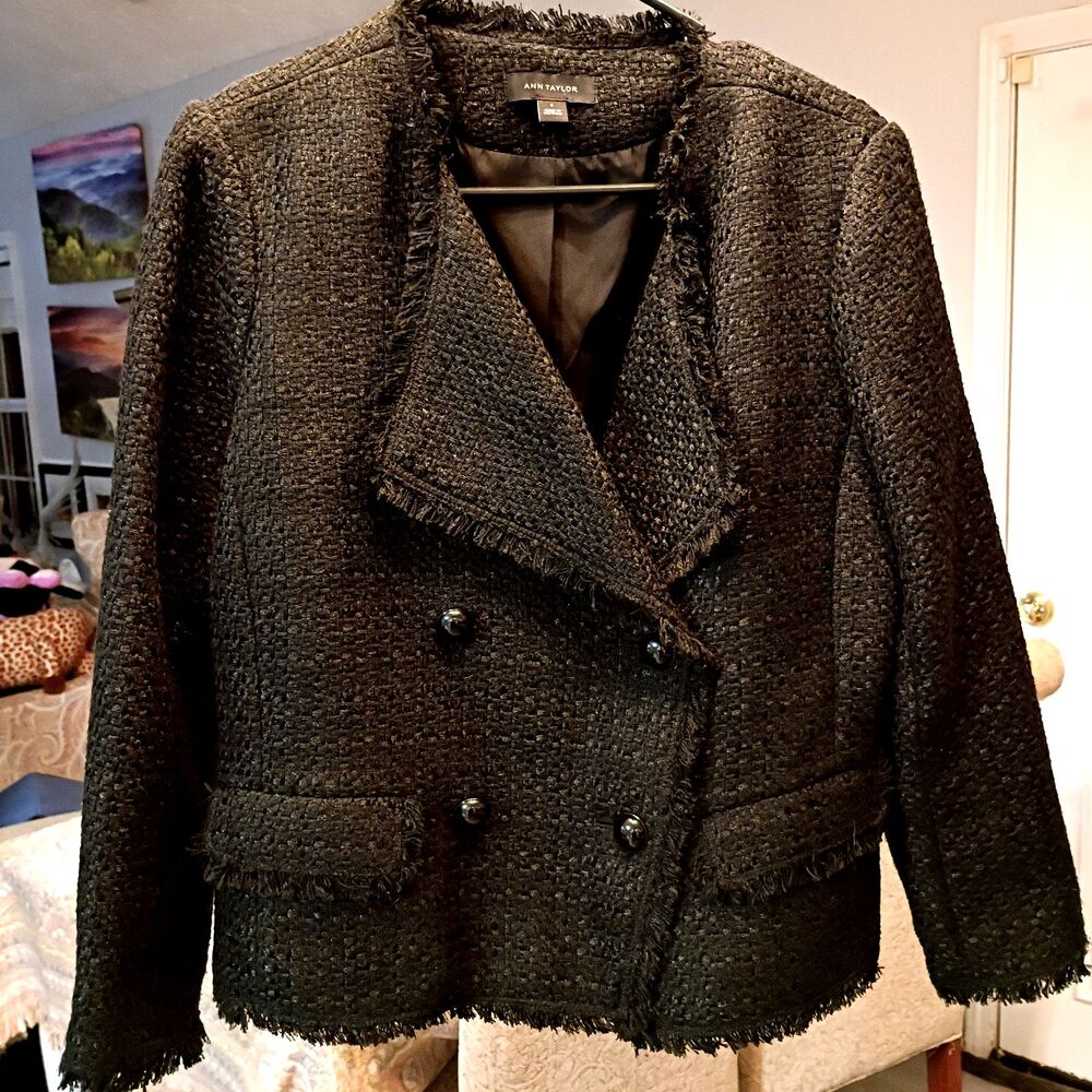 Ann Taylor Tweed Blazer Jacket Women S 6 Black Fringe N w/o T